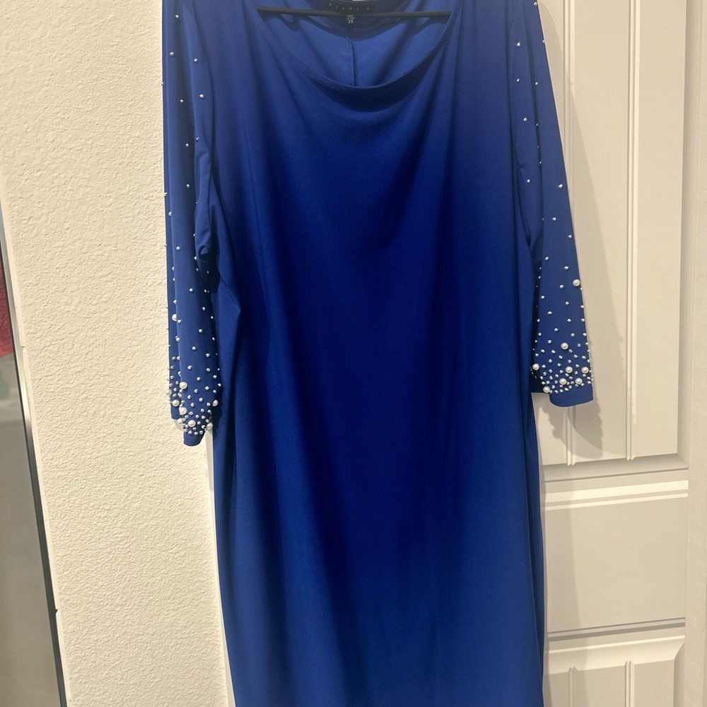 Tiana B. Royal Blue Dress with Pearl Sleeve Accents